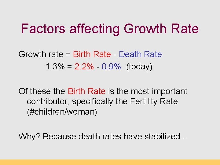 Factors affecting Growth Rate Growth rate = Birth Rate - Death Rate 1. 3%