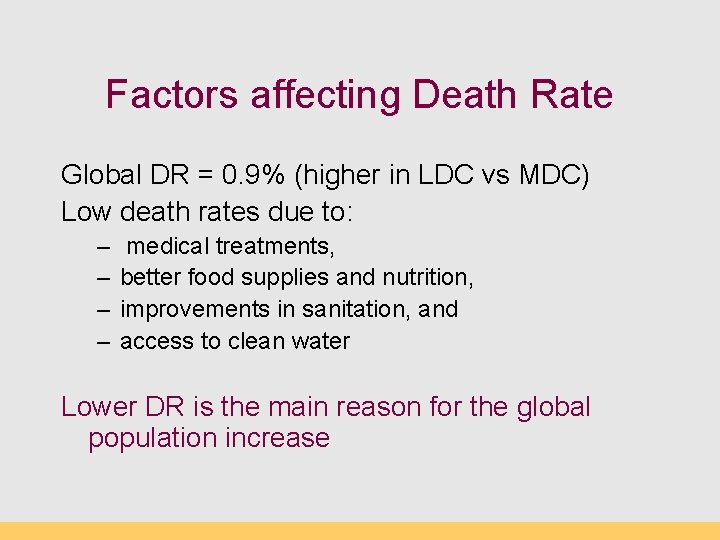 Factors affecting Death Rate Global DR = 0. 9% (higher in LDC vs MDC)