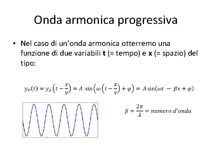 Onda armonica progressiva • Nel caso di un’onda armonica otterremo una funzione di due