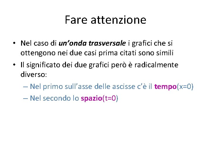 Fare attenzione • Nel caso di un’onda trasversale i grafici che si ottengono nei