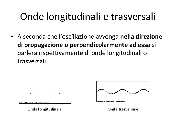 Onde longitudinali e trasversali • A seconda che l’oscillazione avvenga nella direzione di propagazione