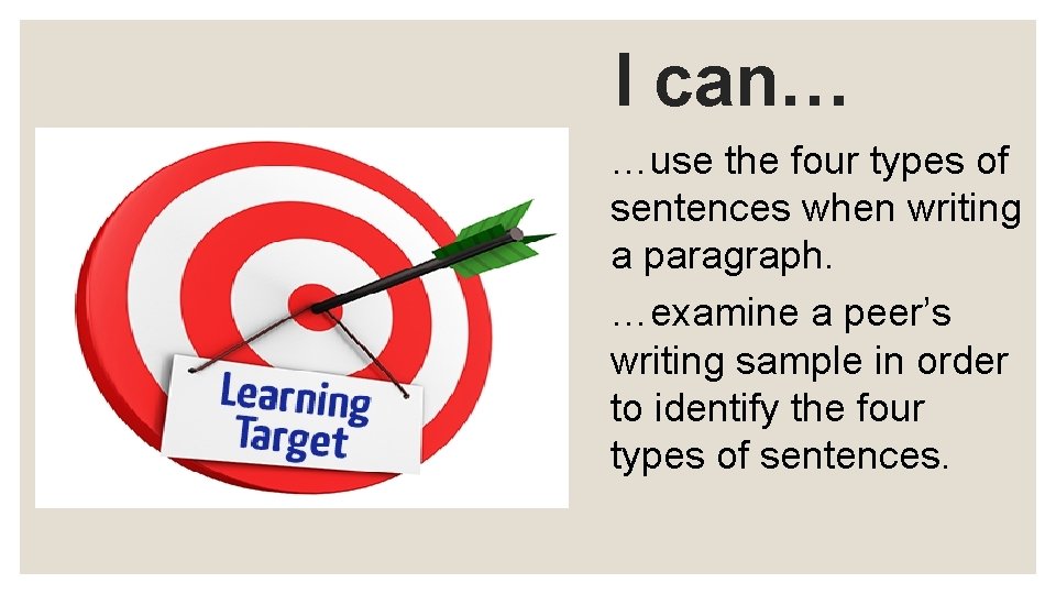 I can… …use the four types of sentences when writing a paragraph. …examine a