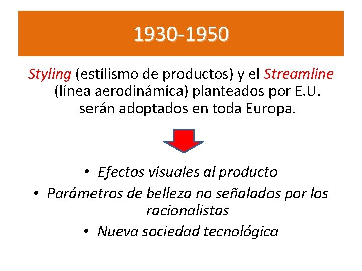 1930 -1950 Styling (estilismo de productos) y el Streamline (línea aerodinámica) planteados por E. 1930 -1950 Styling (estilismo de productos) y el Streamline (línea aerodinámica) planteados por E.
