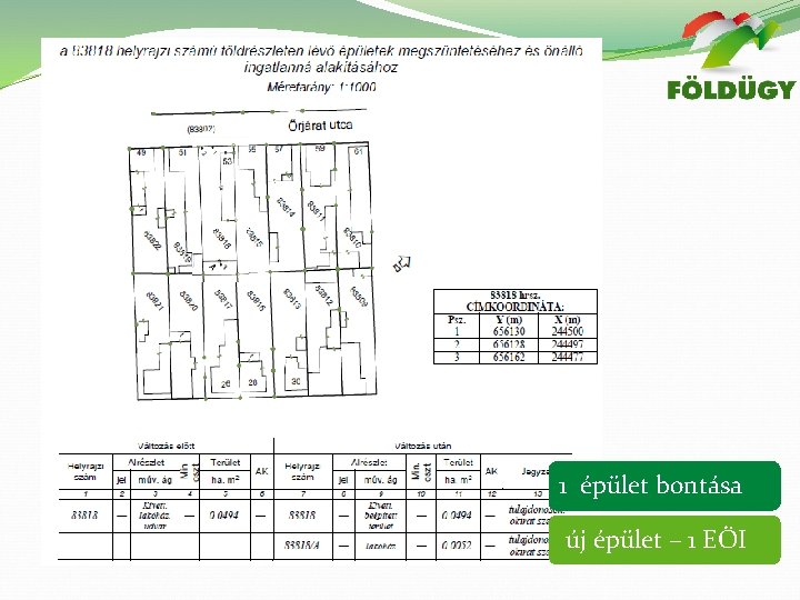 1 épület bontása új épület – 1 EÖI 