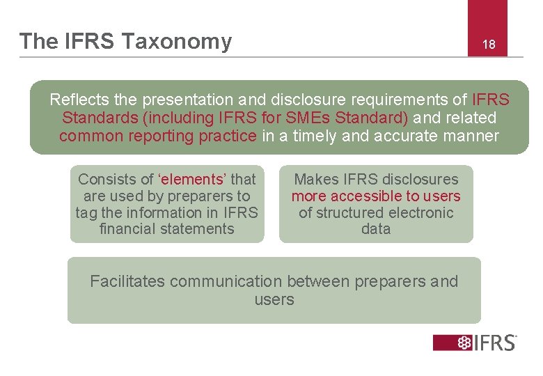 The IFRS Taxonomy 18 Reflects the presentation and disclosure requirements of IFRS Standards (including