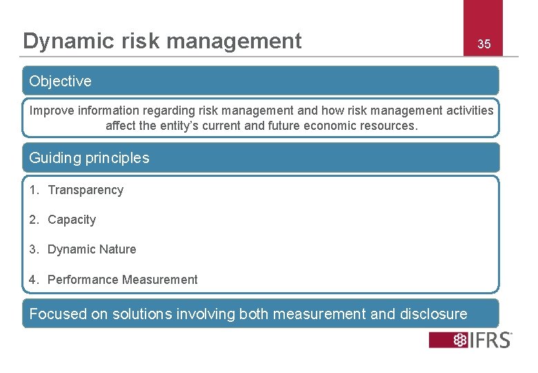 Dynamic risk management 35 Objective Improve information regarding risk management and how risk management