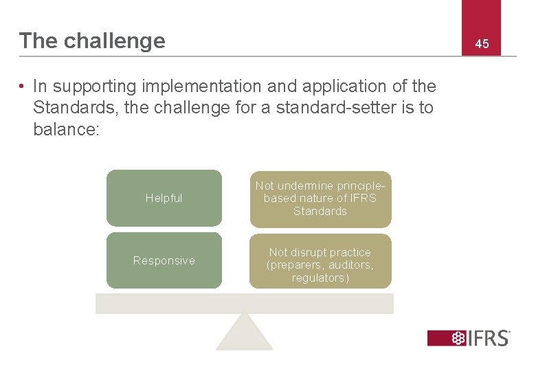 The challenge 45 • In supporting implementation and application of the Standards, the challenge
