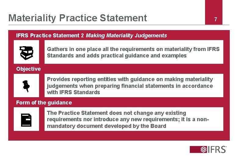 Materiality Practice Statement 7 IFRS Practice Statement 2 Making Materiality Judgements Gathers in one