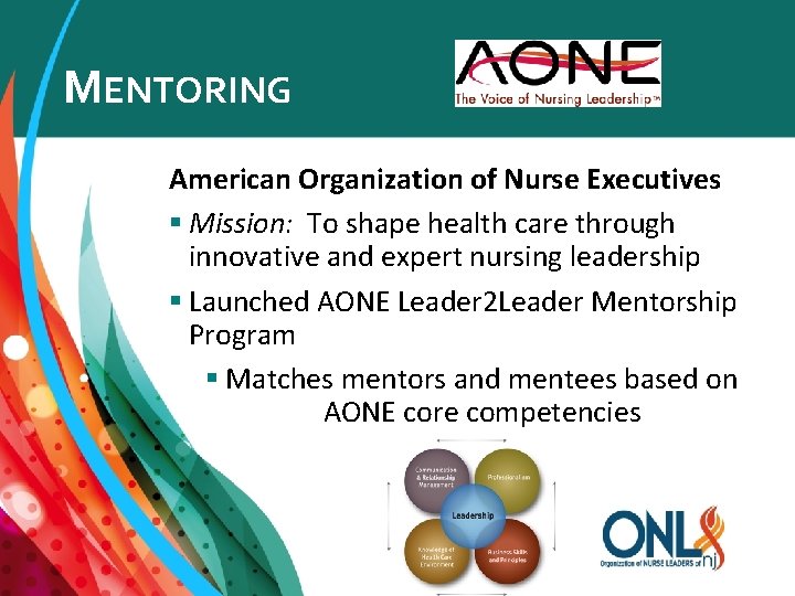 MENTORING American Organization of Nurse Executives § Mission: To shape health care through innovative