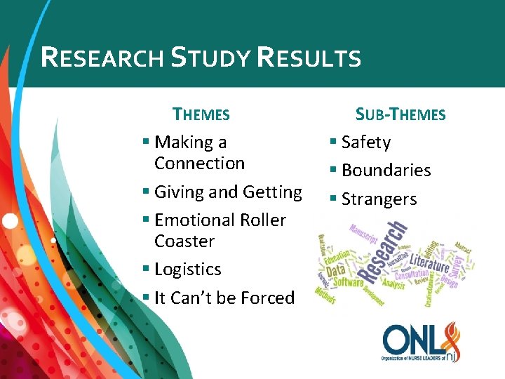 RESEARCH STUDY RESULTS THEMES § Making a Connection § Giving and Getting § Emotional