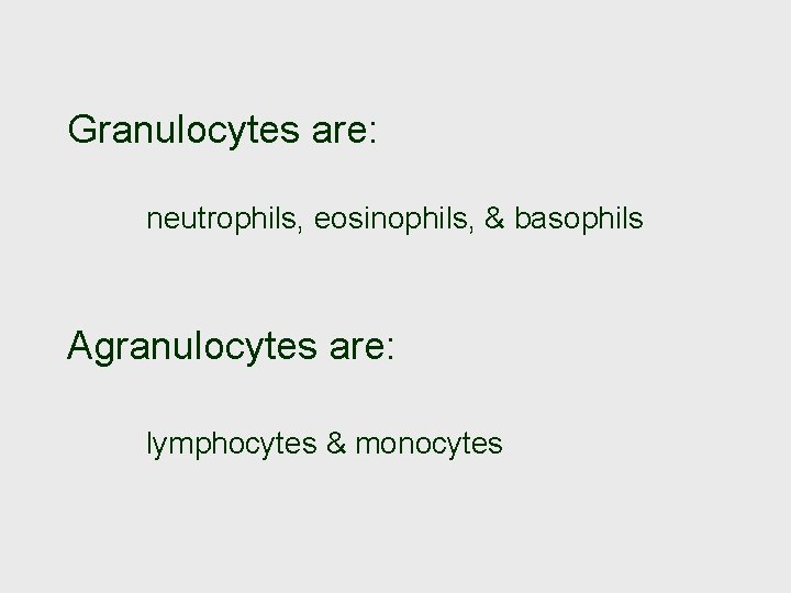 Granulocytes are: neutrophils, eosinophils, & basophils Agranulocytes are: lymphocytes & monocytes 