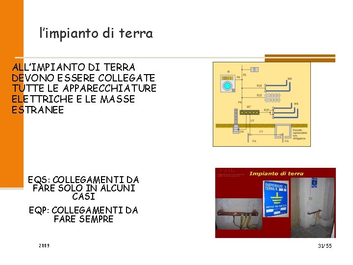 l’impianto di terra ALL’IMPIANTO DI TERRA DEVONO ESSERE COLLEGATE TUTTE LE APPARECCHIATURE ELETTRICHE E l’impianto di terra ALL’IMPIANTO DI TERRA DEVONO ESSERE COLLEGATE TUTTE LE APPARECCHIATURE ELETTRICHE E