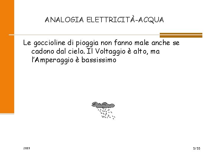 ANALOGIA ELETTRICITÀ-ACQUA Le goccioline di pioggia non fanno male anche se cadono dal cielo. ANALOGIA ELETTRICITÀ-ACQUA Le goccioline di pioggia non fanno male anche se cadono dal cielo.