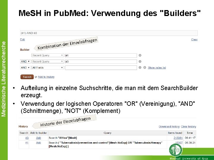 Medizinische Literaturrecherche Me. SH in Pub. Med: Verwendung des "Builders" • Aufteilung in einzelne