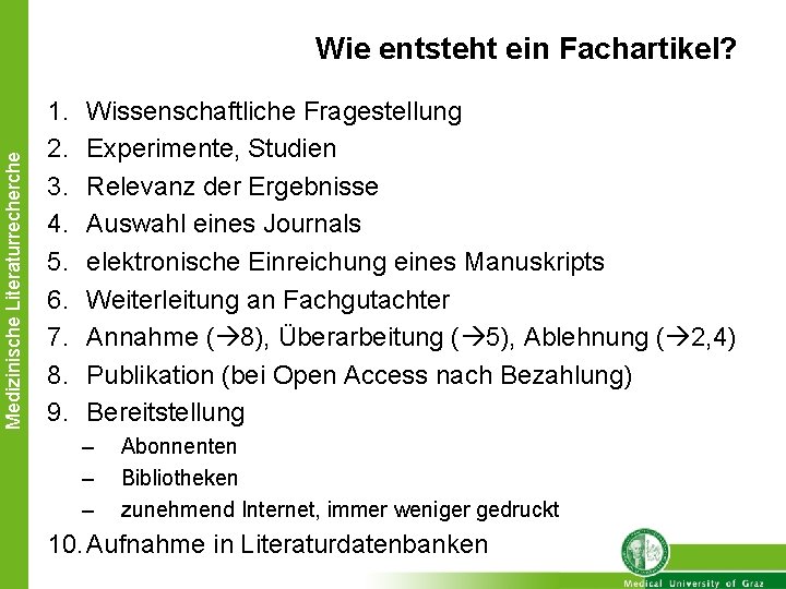 Medizinische Literaturrecherche Wie entsteht ein Fachartikel? 1. 2. 3. 4. 5. 6. 7. 8.