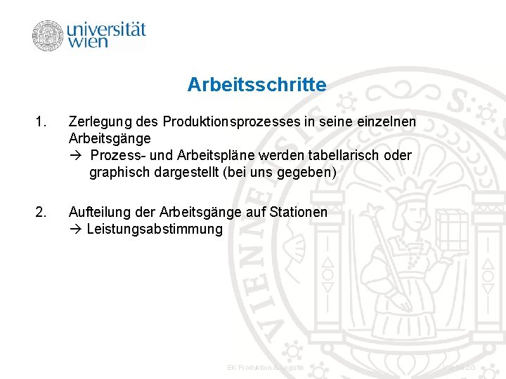 Arbeitsschritte 1. 2. Zerlegung des Produktionsprozesses in seine einzelnen Arbeitsgänge Prozess- und Arbeitspläne werden