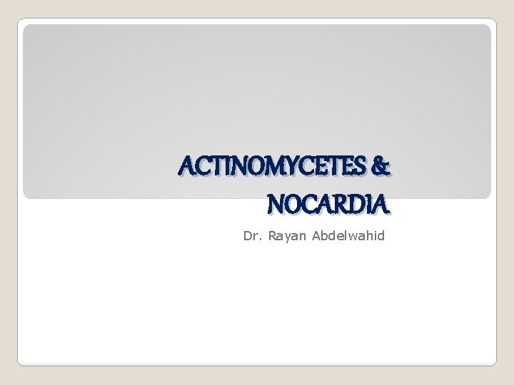 ACTINOMYCETES & NOCARDIA Dr. Rayan Abdelwahid 