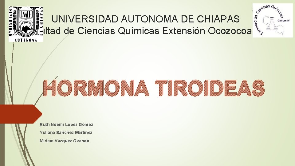 UNIVERSIDAD AUTONOMA DE CHIAPAS Facultad de Ciencias Químicas Extensión Ocozocoautla HORMONA TIROIDEAS Ruth Noemi