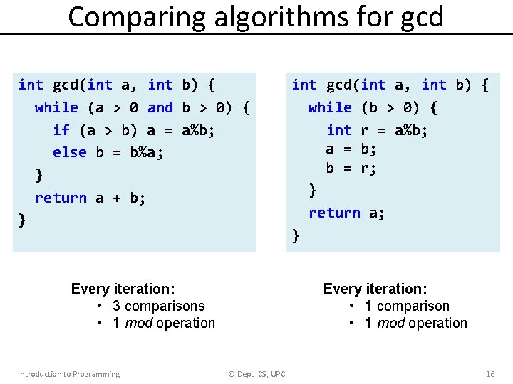 Comparing algorithms for gcd int gcd(int a, int b) { while (a > 0