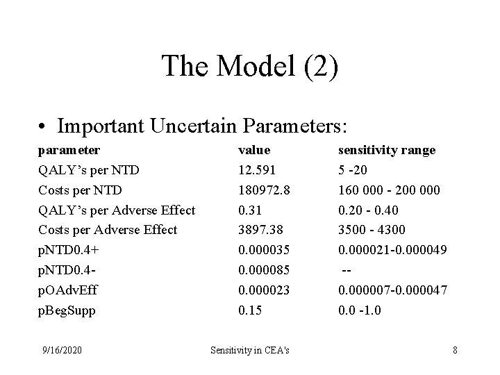 The Model (2) • Important Uncertain Parameters: parameter QALY’s per NTD Costs per NTD The Model (2) • Important Uncertain Parameters: parameter QALY’s per NTD Costs per NTD