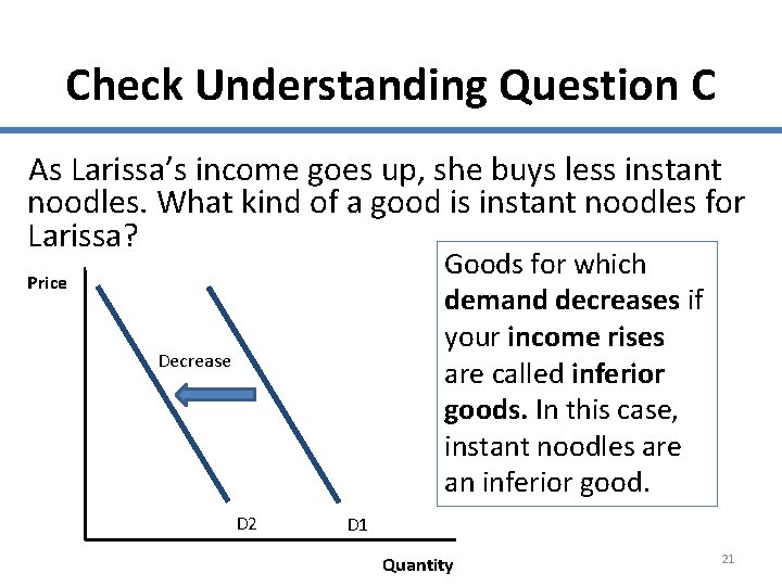 Check Understanding Question C As Larissa’s income goes up, she buys less instant noodles.