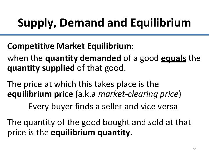 Supply, Demand Equilibrium Competitive Market Equilibrium: when the quantity demanded of a good equals