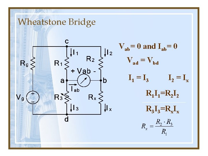 Wheatstone Bridge Vab= 0 and Iab= 0 Vad = Vbd I 1 = I