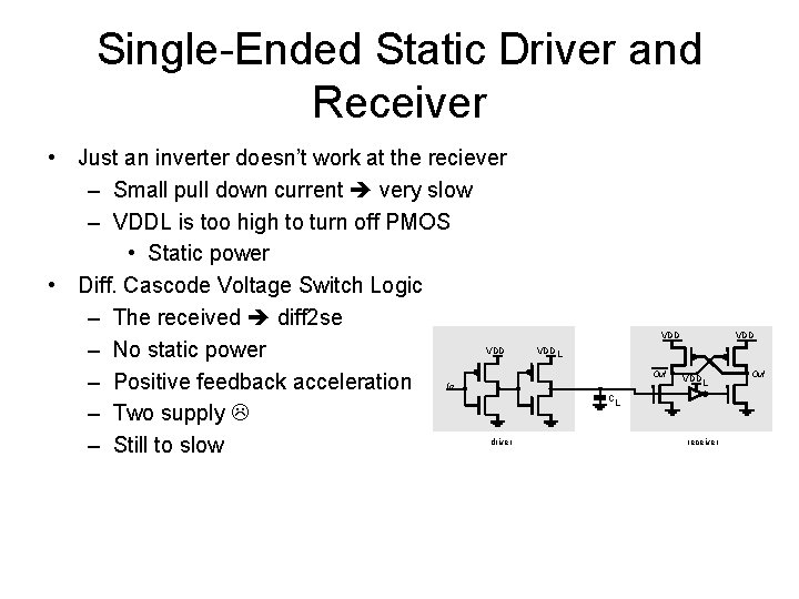 Single-Ended Static Driver and Receiver • Just an inverter doesn’t work at the reciever