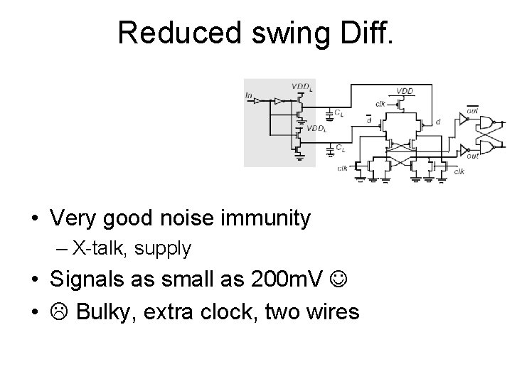 Reduced swing Diff. • Very good noise immunity – X-talk, supply • Signals as
