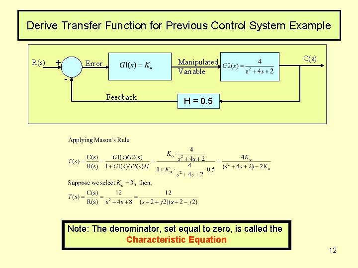 Derive Transfer Function for Previous Control System Example R(s) + Manipulated Variable Error Feedback