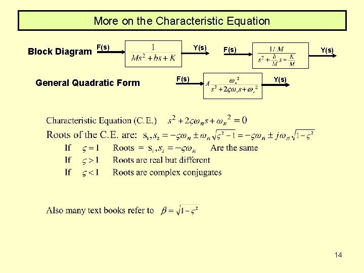 More on the Characteristic Equation Block Diagram F(s) General Quadratic Form Y(s) F(s) Y(s)