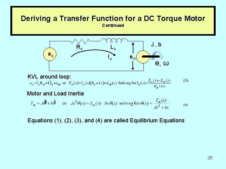Deriving a Transfer Function for a DC Torque Motor Continued ea Ra J, b
