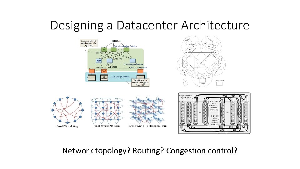 Designing a Datacenter Architecture Network topology? Routing? Congestion control? 