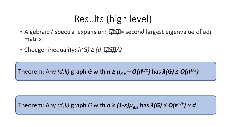 Results (high level) • Algebraic / spectral expansion: �� (G) = second largest eigenvalue