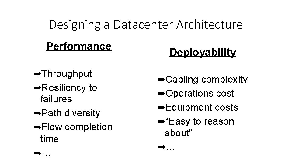 Designing a Datacenter Architecture Performance ➡Throughput ➡Resiliency to failures ➡Path diversity ➡Flow completion time