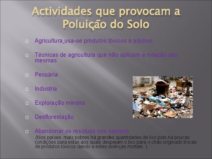 Actividades que provocam a Poluição do Solo � Agricultura usa-se produtos tóxicos e adubos