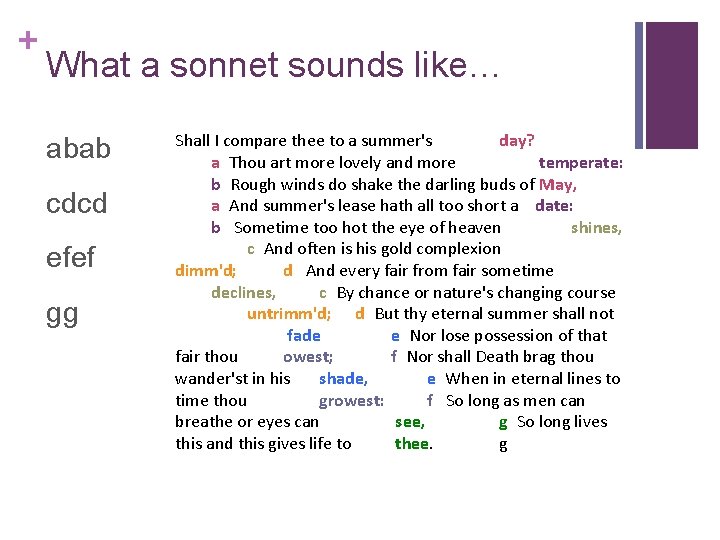 + What a sonnet sounds like… abab cdcd efef gg Shall I compare thee