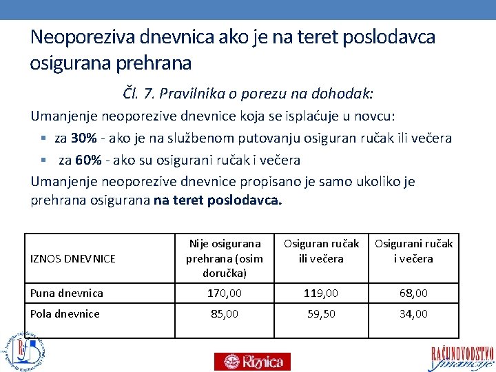 Neoporeziva dnevnica ako je na teret poslodavca osigurana prehrana Čl. 7. Pravilnika o porezu