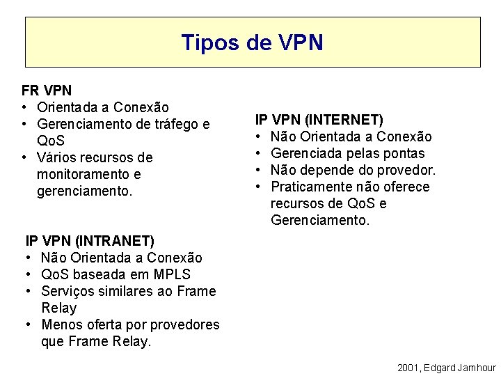 Tipos de VPN FR VPN • Orientada a Conexão • Gerenciamento de tráfego e