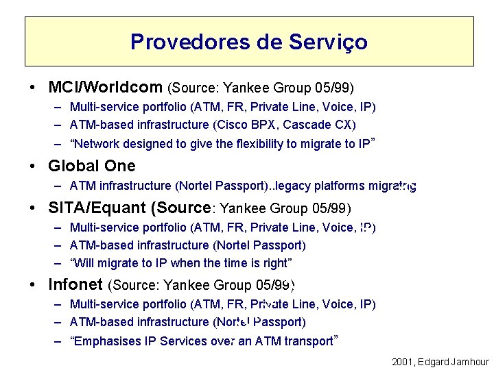 Provedores de Serviço • MCI/Worldcom (Source: Yankee Group 05/99) – Multi-service portfolio (ATM, FR,
