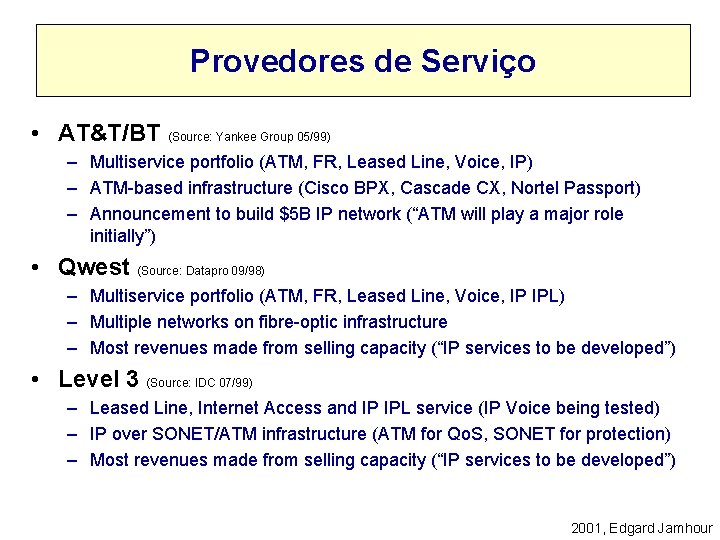 Provedores de Serviço • AT&T/BT (Source: Yankee Group 05/99) – Multiservice portfolio (ATM, FR,