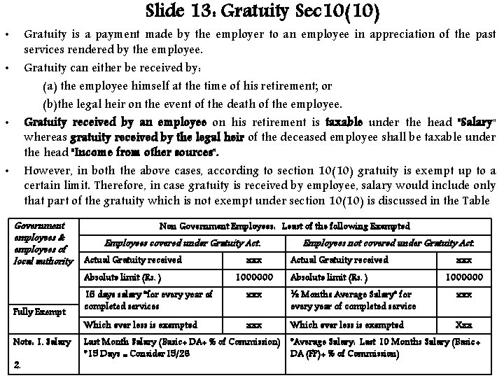 Slide 13: Gratuity Sec 10(10) Gratuity is a payment made by the employer to