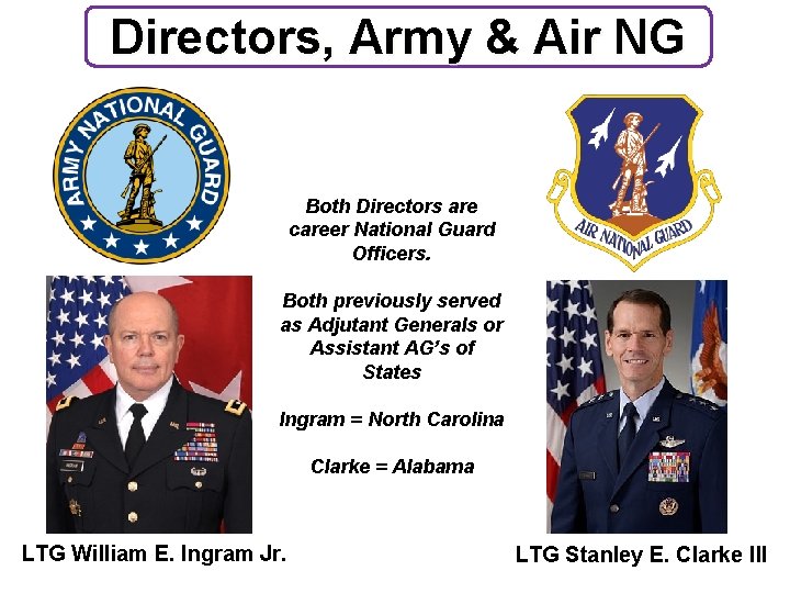 Directors, Army & Air NG Both Directors are career National Guard Officers. Both previously