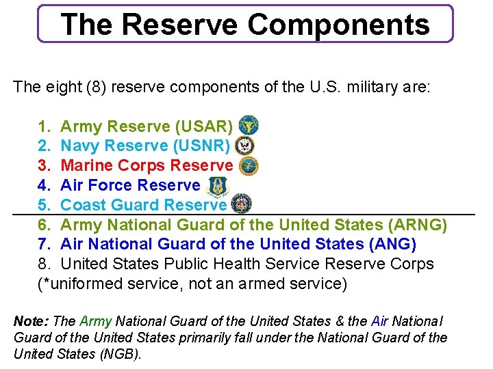 The Reserve Components The eight (8) reserve components of the U. S. military are: