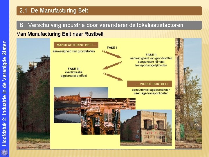 2. 1 De Manufacturing Belt B. Verschuiving industrie door veranderende lokalisatiefactoren Hoofdstuk 2: Industrie 2. 1 De Manufacturing Belt B. Verschuiving industrie door veranderende lokalisatiefactoren Hoofdstuk 2: Industrie