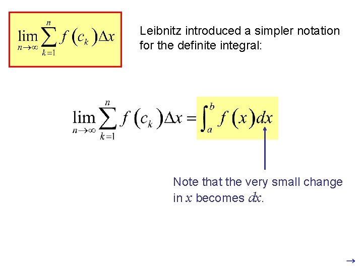 Leibnitz introduced a simpler notation for the definite integral: Note that the very small