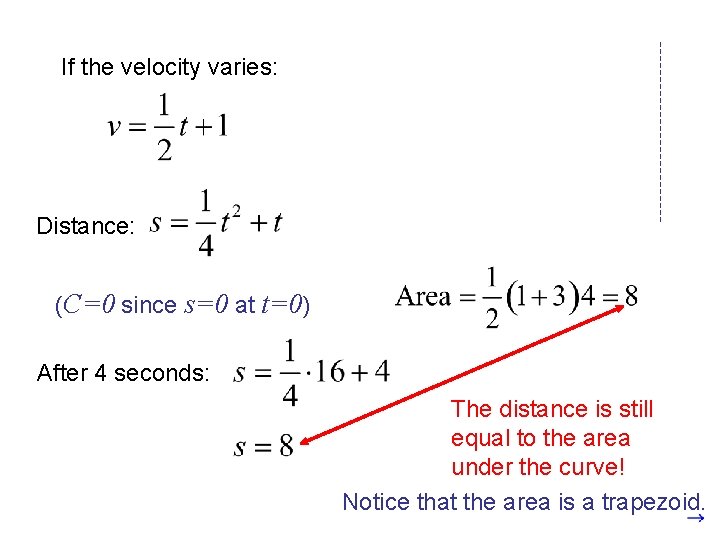 If the velocity varies: Distance: (C=0 since s=0 at t=0) After 4 seconds: The