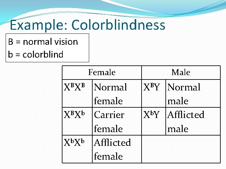 Example: Colorblindness B = normal vision b = colorblind Female XBXB Normal female XBXb