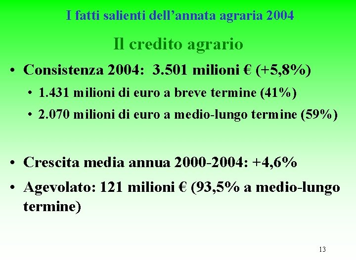 I fatti salienti dell’annata agraria 2004 Il credito agrario • Consistenza 2004: 3. 501