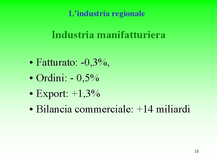 L’industria regionale Industria manifatturiera • Fatturato: -0, 3%, • Ordini: - 0, 5% •